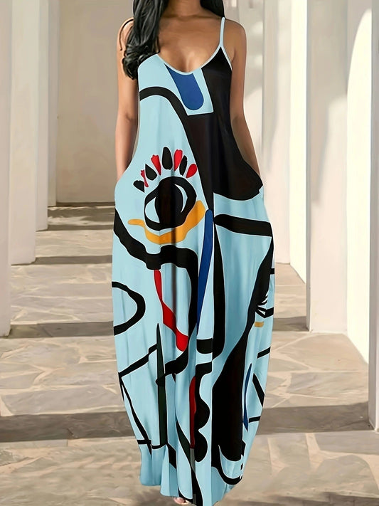 Women's long dress – Lightweight cotton – Loose fit – Thin straps – Abstract print