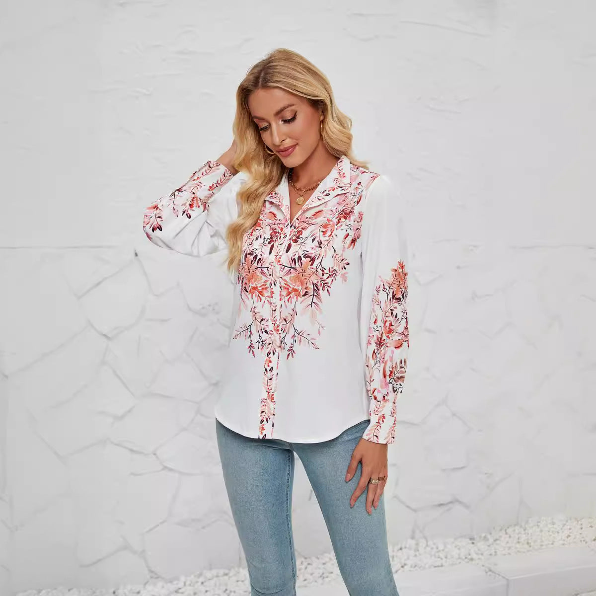 Blouse femme – Coupe décontractée – Tissu léger – Manches longues – Imprimé fleuri