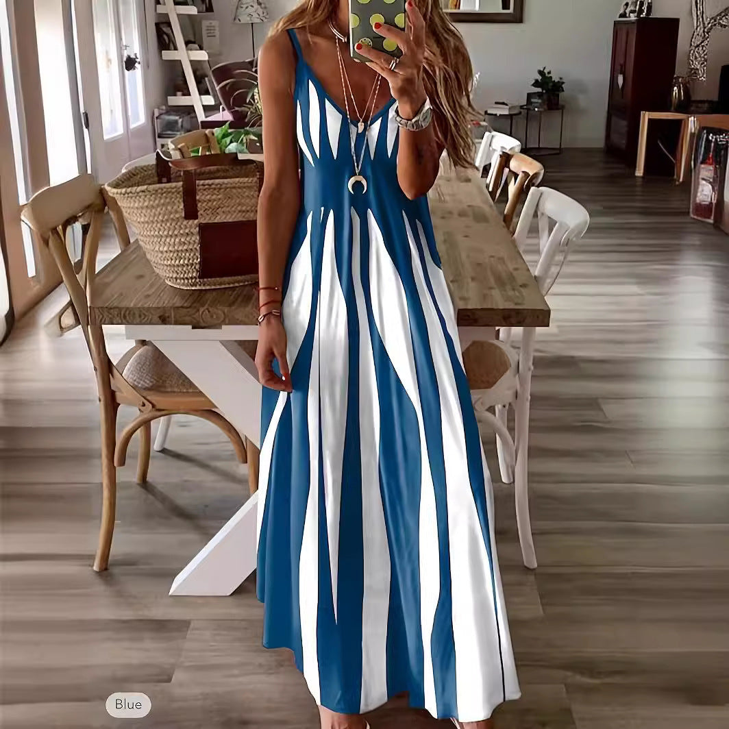 Robe longue femme – Décolleté en V – Bretelles fines réglables – Rayée fluide