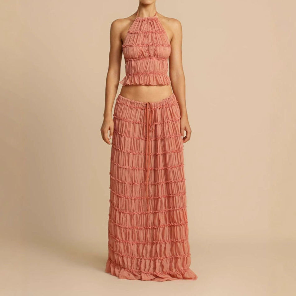 Women's Two-Piece Set – Ruched Halter Top – Long Skirt Elastic Waist – Breathable Fabric