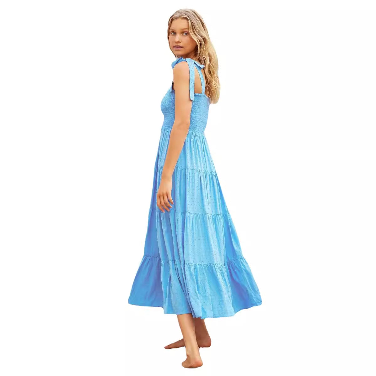 Women's midi dress – Tie straps – Smocked bodice – Flared skirt with ruffles
