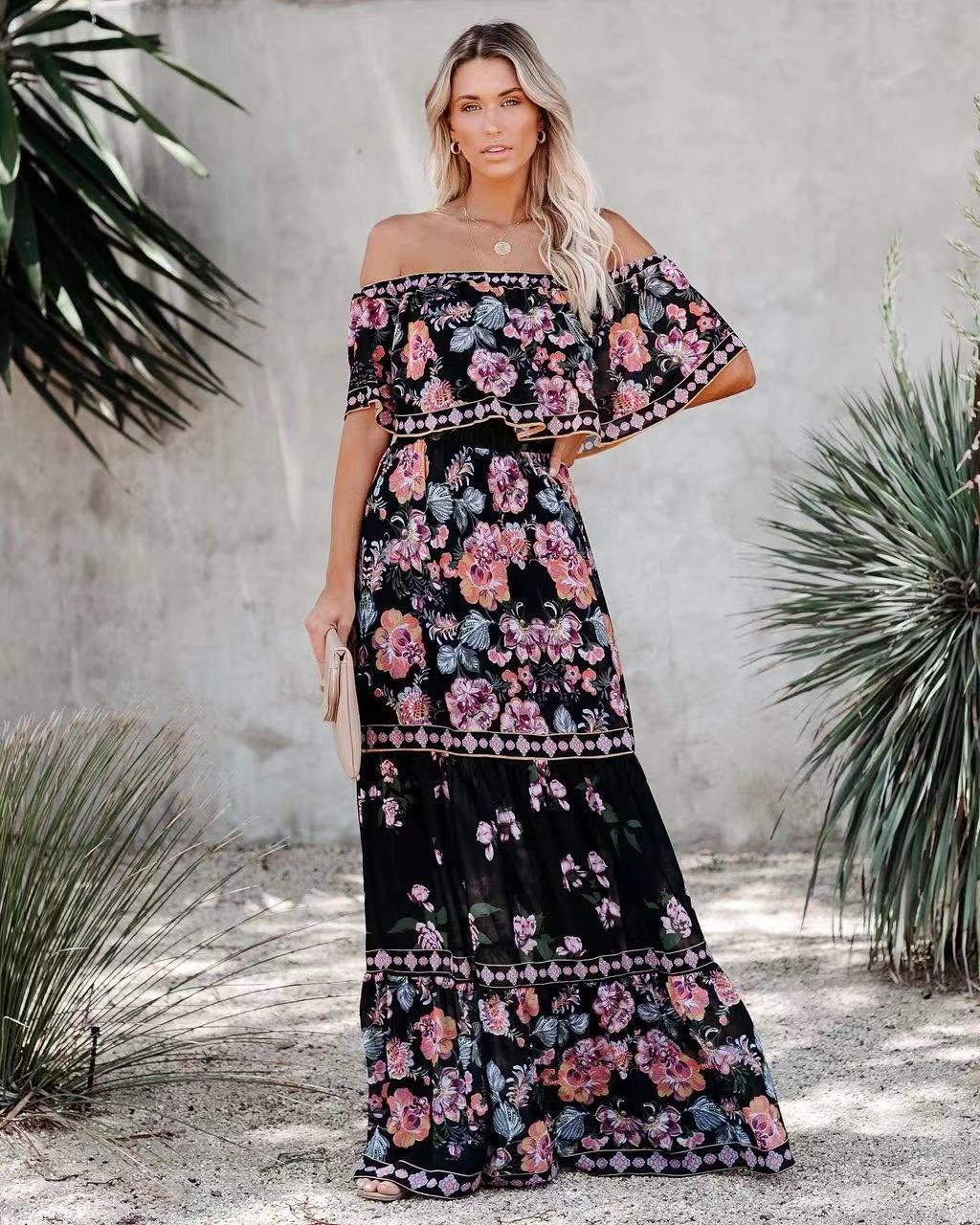 Women's long dress – Off-shoulder – Ruffles – Floral print – Ruffled skirt – Belted