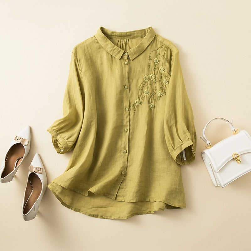 Chemise femme – Fibres naturelles – Coupe décontractée – Manches mi-longues – Broderie florale
