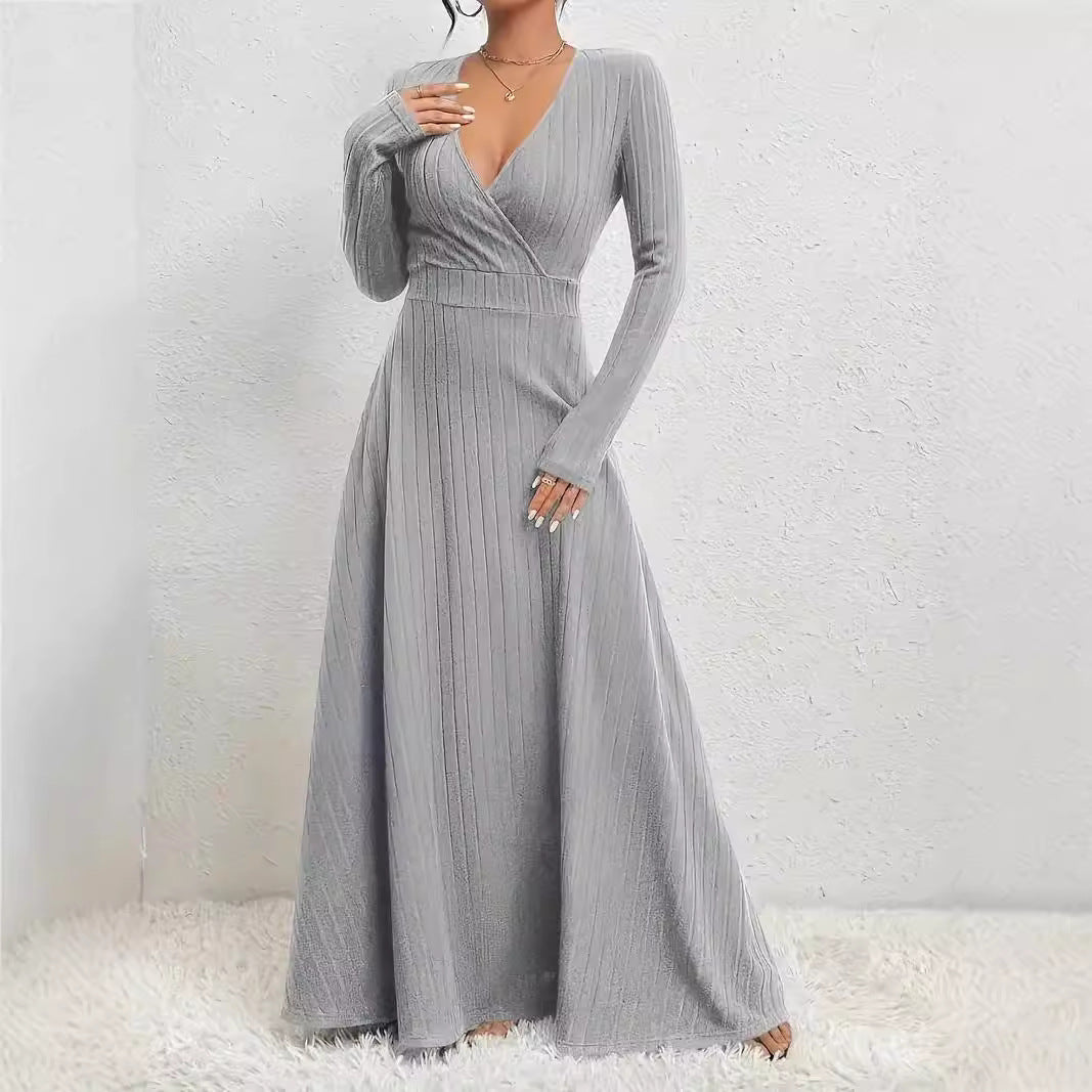 Women's long dress – soft knit – long sleeves – flared cut – V-neck