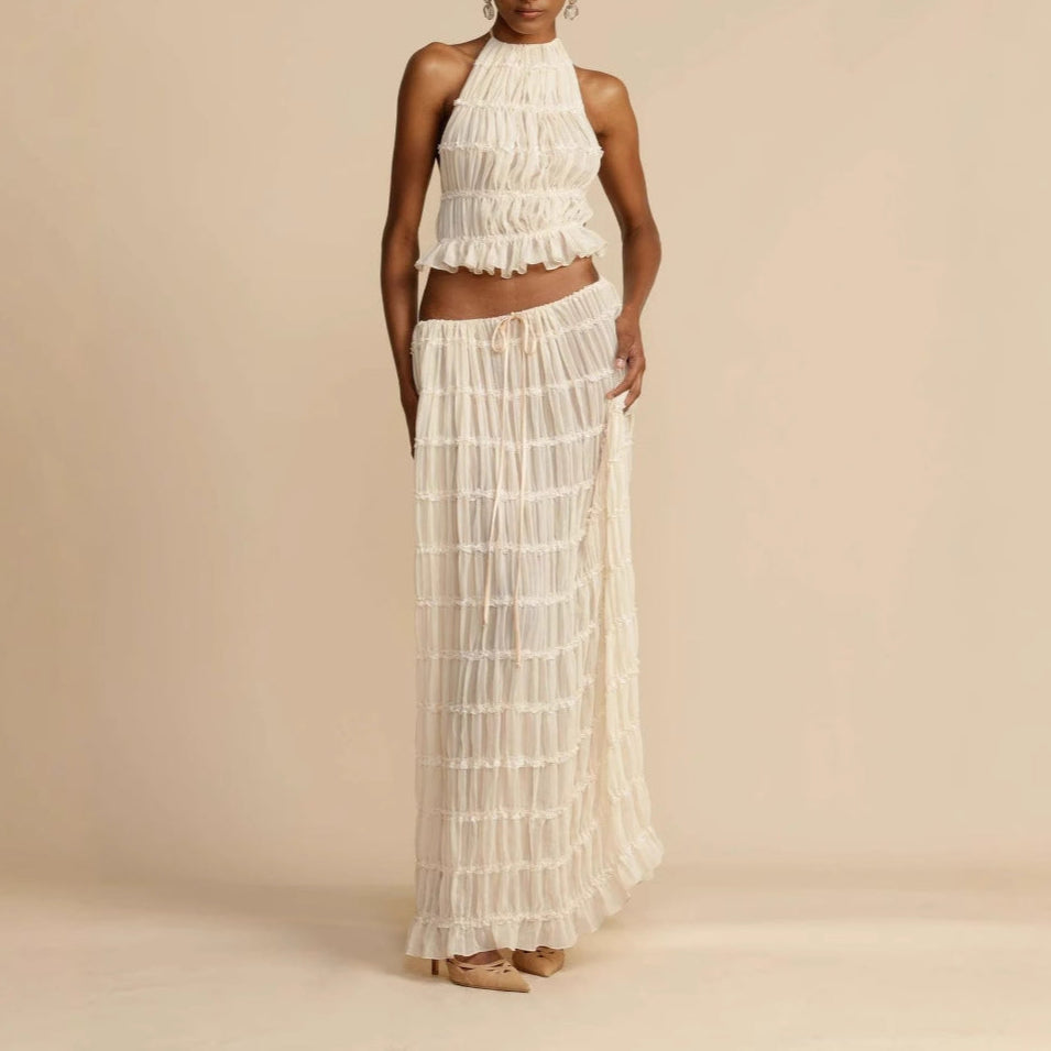 Women's Two-Piece Set – Ruched Halter Top – Long Skirt Elastic Waist – Breathable Fabric