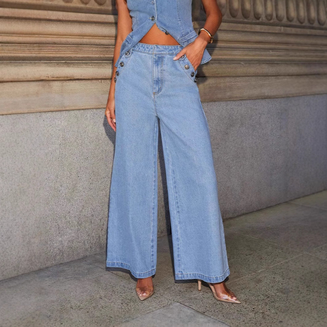 Gilet en jean femme – Coupe cintrée – Sans manches – Boutons métalliques – Longueur taille