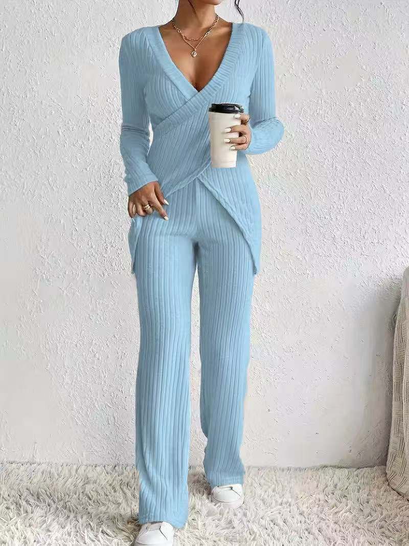 Ensemble Femme – Maille Côtelée – Haut Cache-Cœur Manches Longues – Pantalon Droit