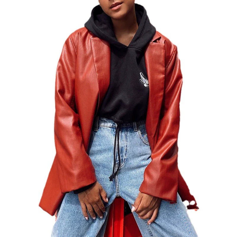 Veste blazer femme – Coupe oversize – Effet cuir lisse – Longueur mi-cuisses – Manches longues