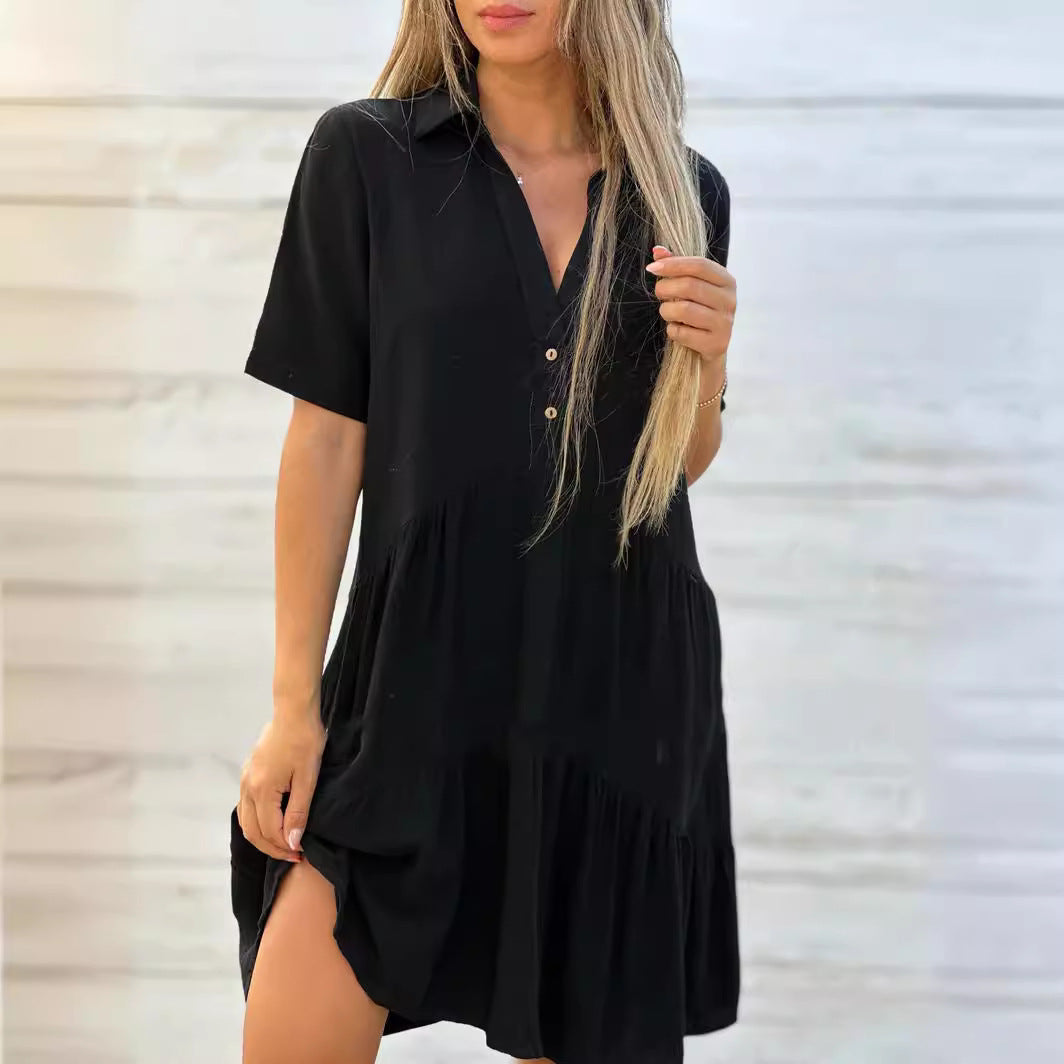 Casual women's dress – Flowing cut – Short sleeves – Shirt collar – Natural fibers