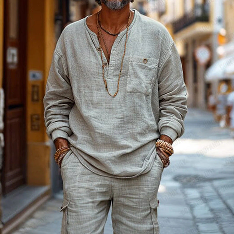 Men's casual set – Breathable fabric – Loose fit – V-neck top long sleeves – Cargo shorts