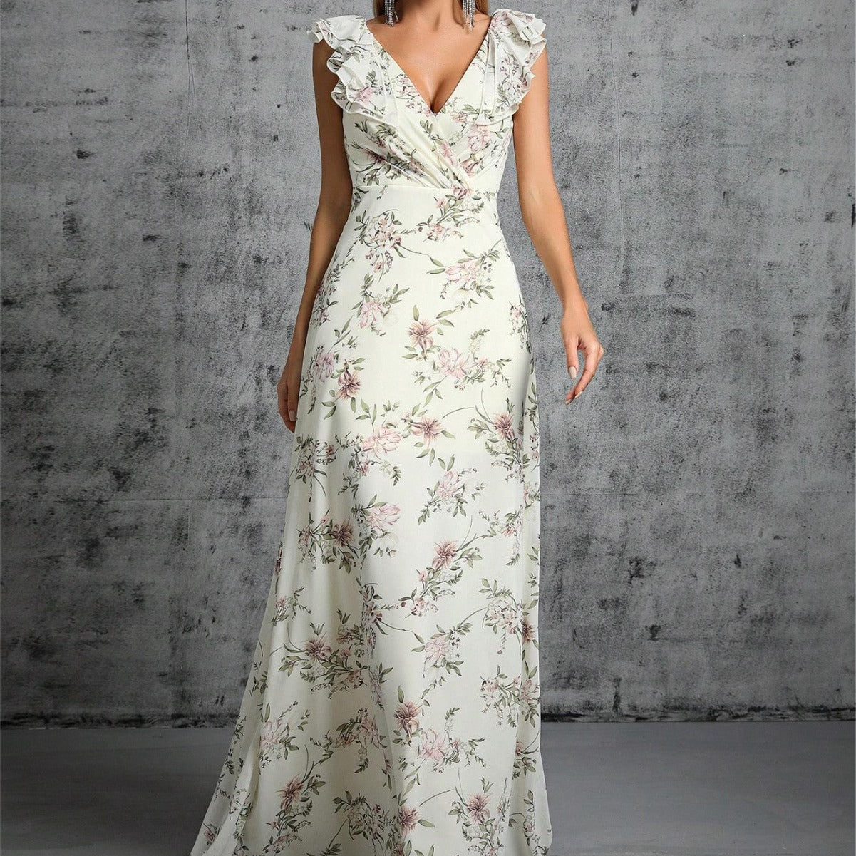 Robe longue femme – Décolleté cache-cœur – Détail volanté – Imprimé floral fluide