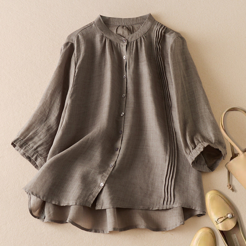 Chemise Femme à Manches Mi-Longues – Coupe Décontractée – Col Montant – Fibres Naturelles