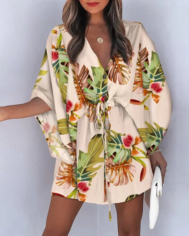 Women's Casual Dress – V-neck – Lace-up Waist – Ruffled Sleeves – Flowy Cut