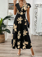 Women's long dress – Wrap cut – Breathable fabric – Elegant floral pattern