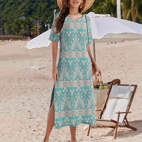 Women's long dress – Fluid cut – Floral print – Short sleeves – Breathable fabric