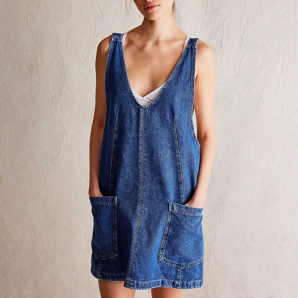 Women's Mini Dress – Loose Fit – Plunging Neckline – Sleeveless – Natural Fibers