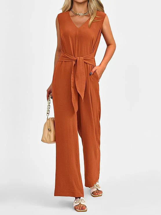 Women's jumpsuit – Sleeveless – Flowing cut – Tied waist – V-neck