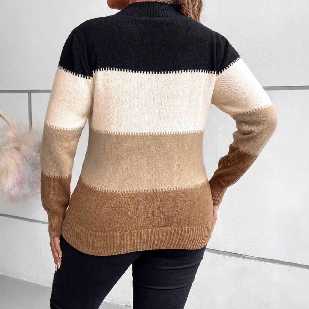 Pull Femme Col Rond – Coupe Ample – Maille Douce – Manches Longues – Motif Color Block