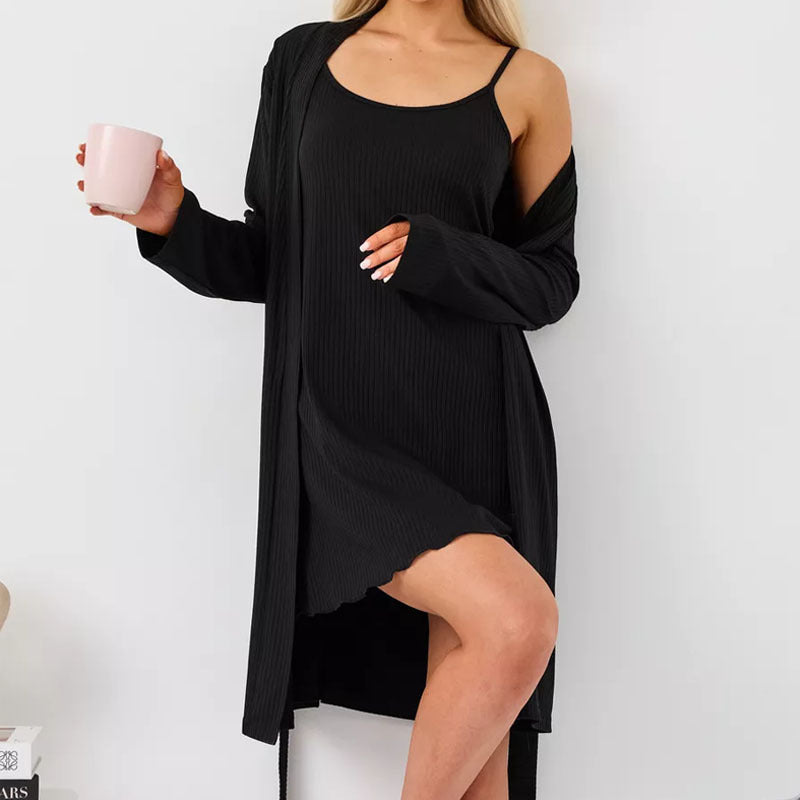 Ensemble Loungewear Femme – Maille Côtelée Douce – Robe Ajustée et Peignoir Ample