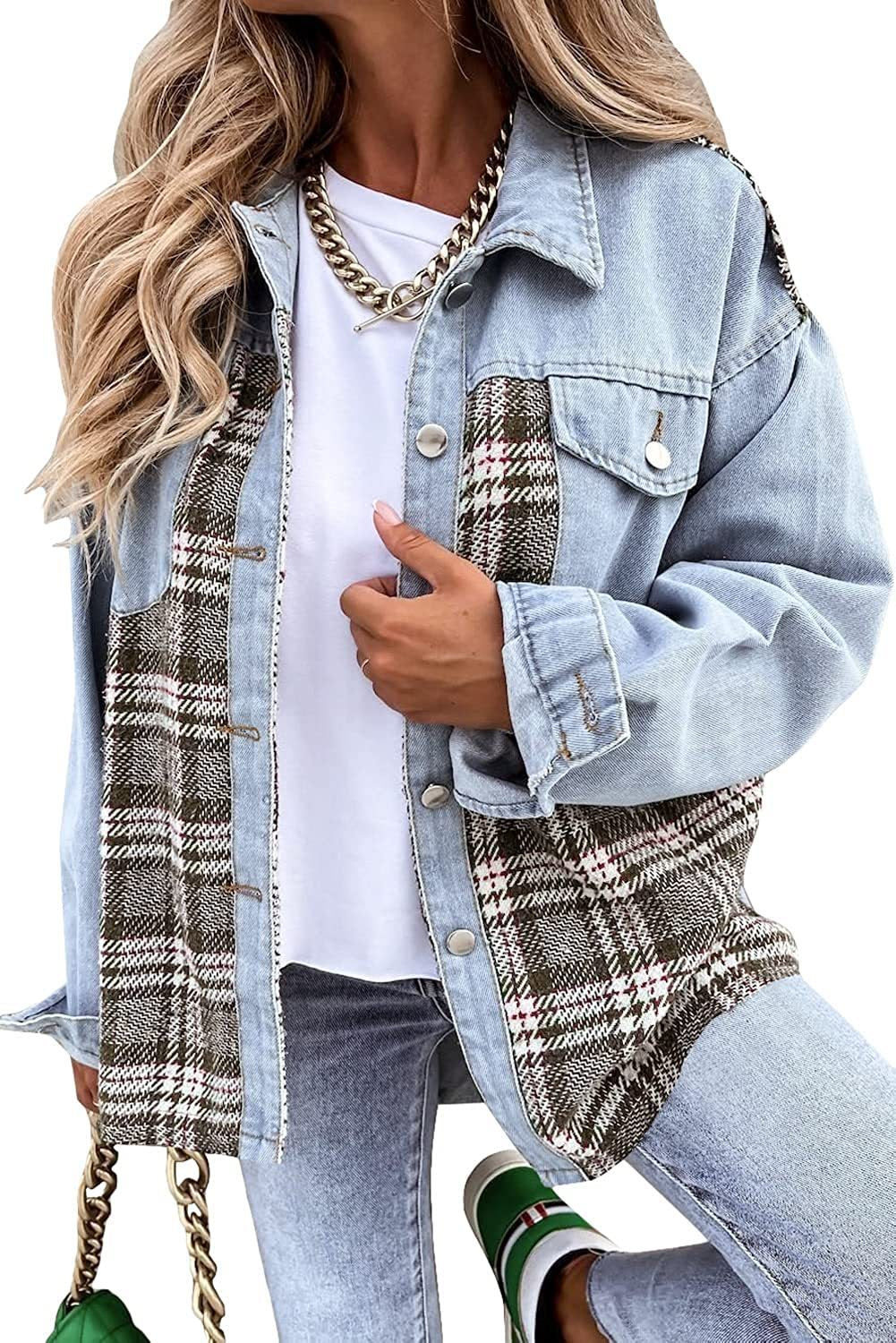 Women's jacket – Oversized cut – Cotton blend – Long sleeves – Denim and plaid style