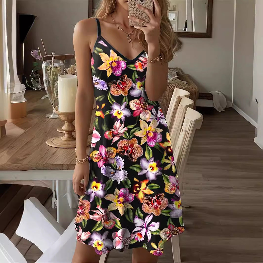 Robe courte femme – Coupe évasée – Bretelles fines – Décolleté en V – Imprimé fleuri