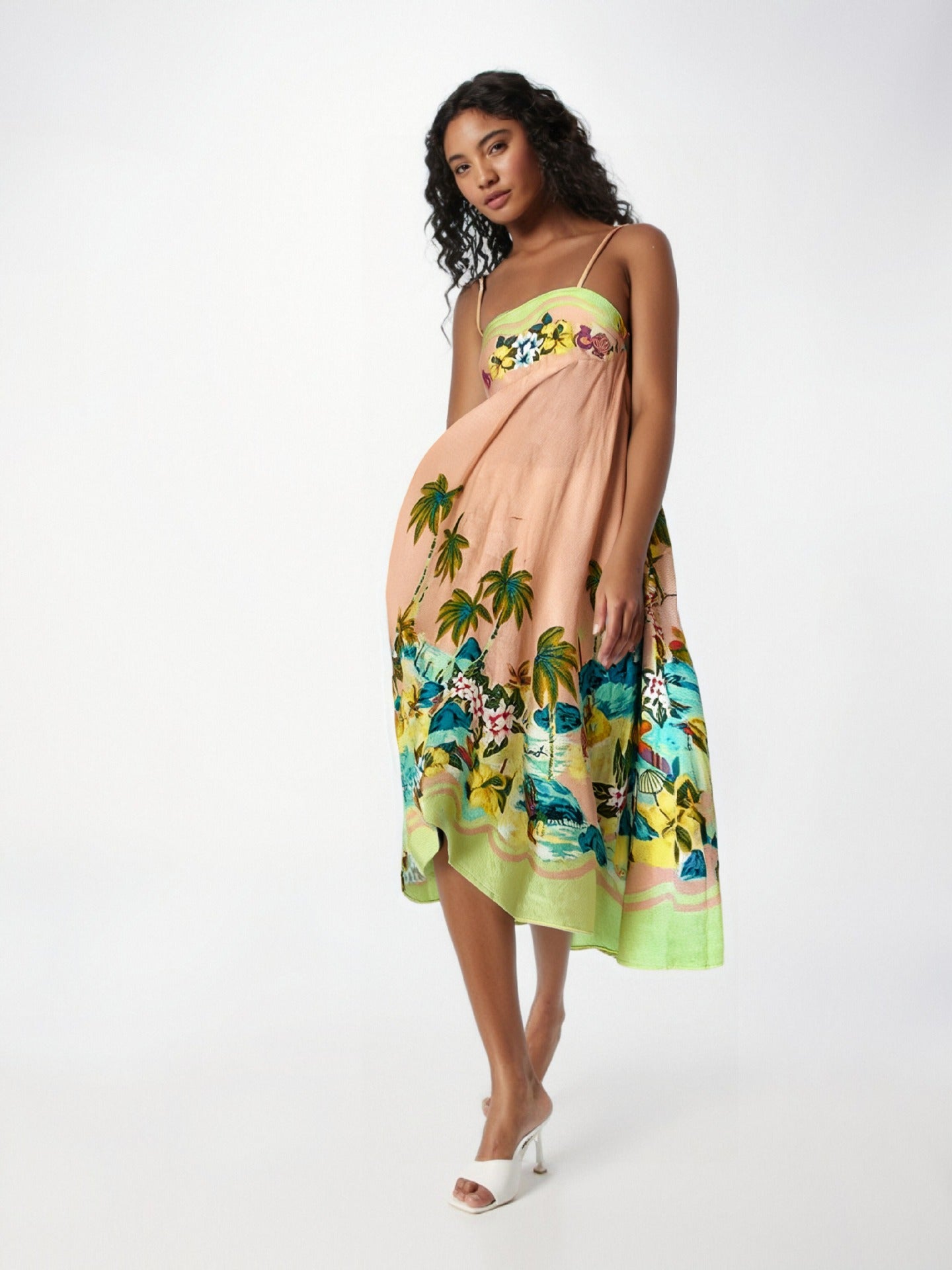 Robe longue femme – Sans bretelles – Taille haute – Satin fluide imprimé abstrait