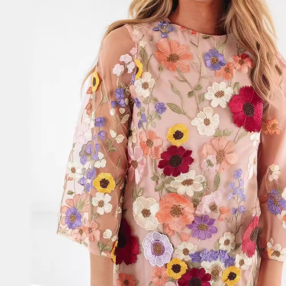 Women's Mini Dress – Lightweight Sheer Fabric – Floral Embroidery – 3/4 Sleeves