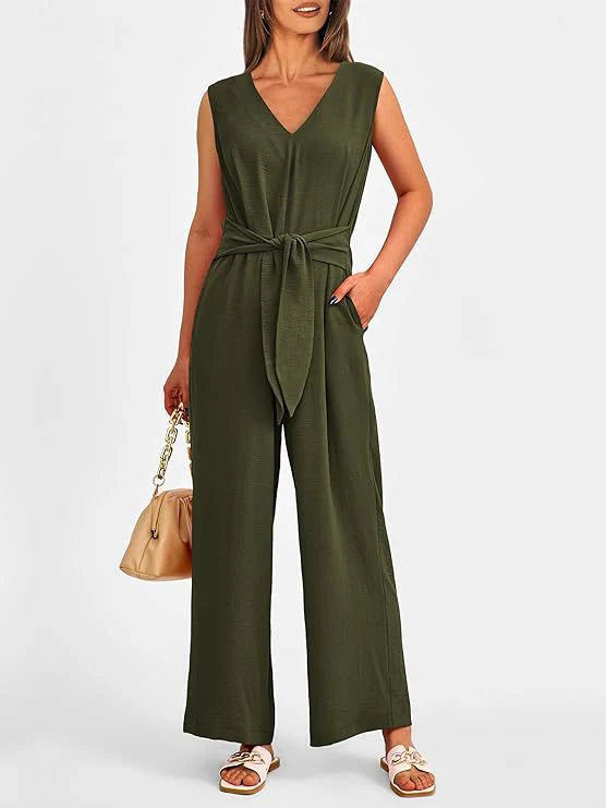 Women's jumpsuit – Sleeveless – Flowing cut – Tied waist – V-neck