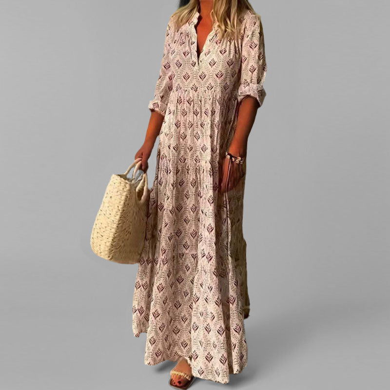 Robe longue femme – Coupe fluide – Tissu léger – Imprimé vintage – Col en V – Manches 3/4
