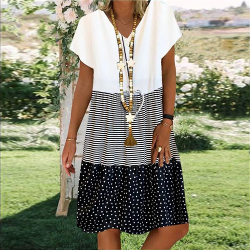 Women's Midi Dress – Flowing Cut – Mixed Patterns – Breathable Fabric – Bohemian Style