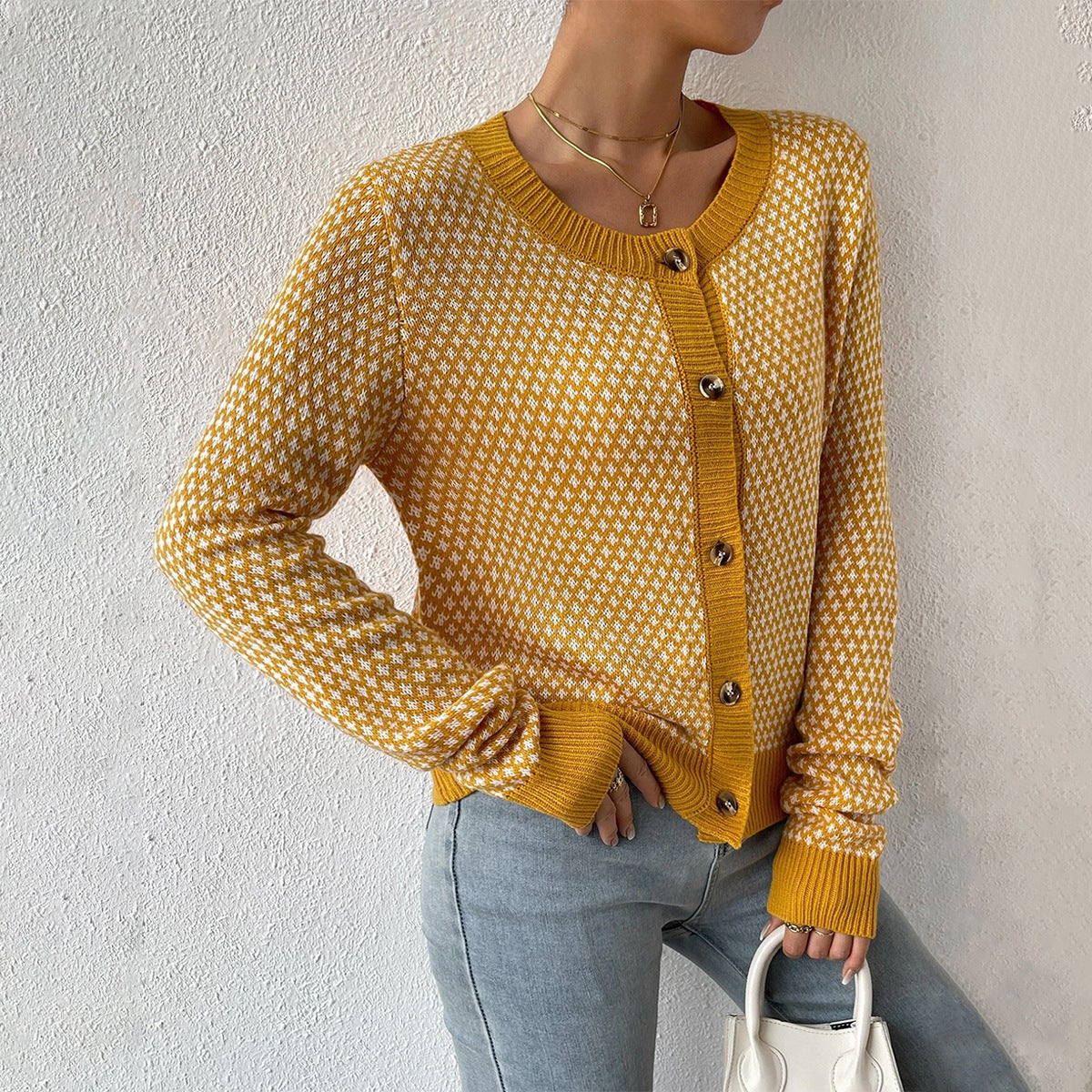 Cardigan femme – Maille douce – Coupe décontractée – Boutons – Motif géométrique
