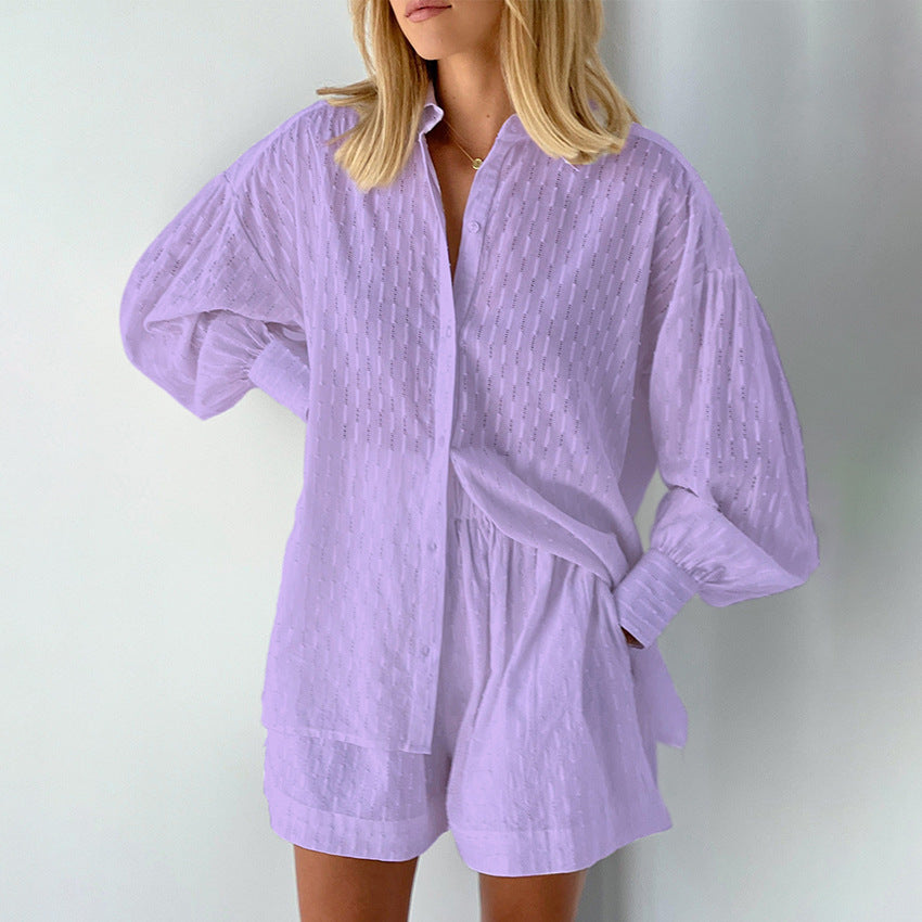 Women's Set Blouse and Shorts – Loose Fit – Textured Fabric – Puff Sleeves