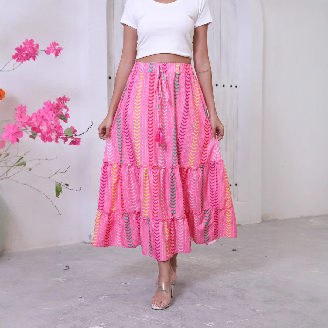 Long women's skirt – Flowing cut – Drawstring waist – Ruffles – Bohemian motifs