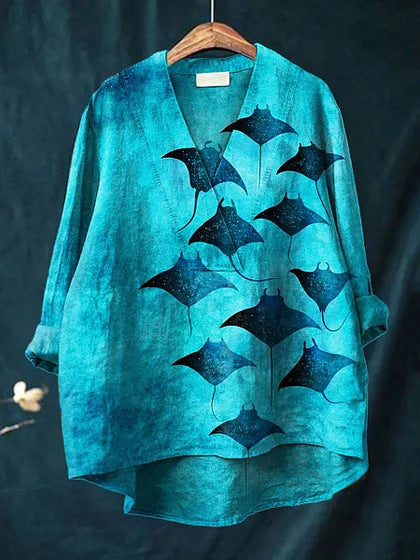 Women's long-sleeve shirt – Relaxed fit – V-neck – Graphic print