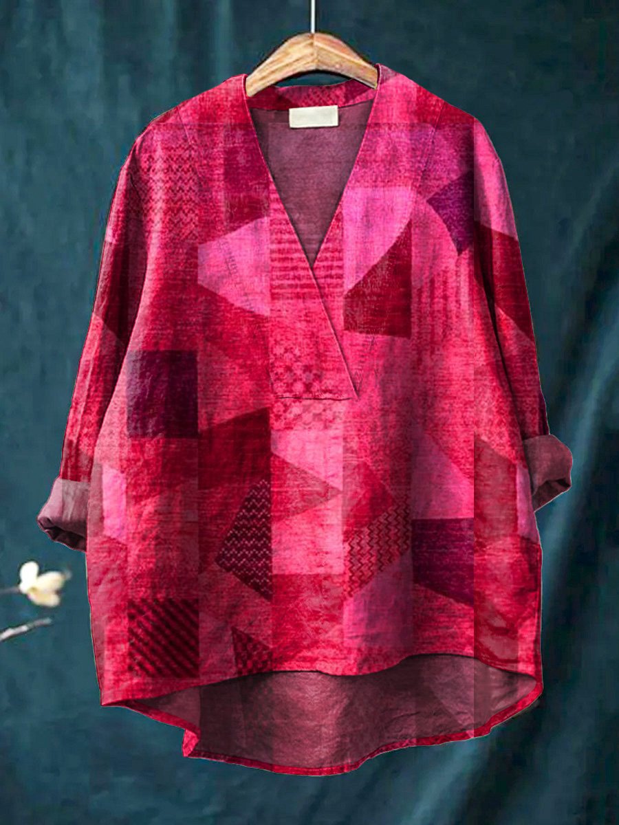 Chemise femme à manches longues – Coupe ample – Col V – Imprimé digital – Tissu respirant