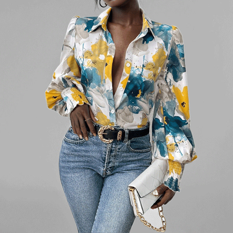 Chemise femme – Coupe oversize – Manches bouffantes – Imprimé fleuri – Poignets smockés