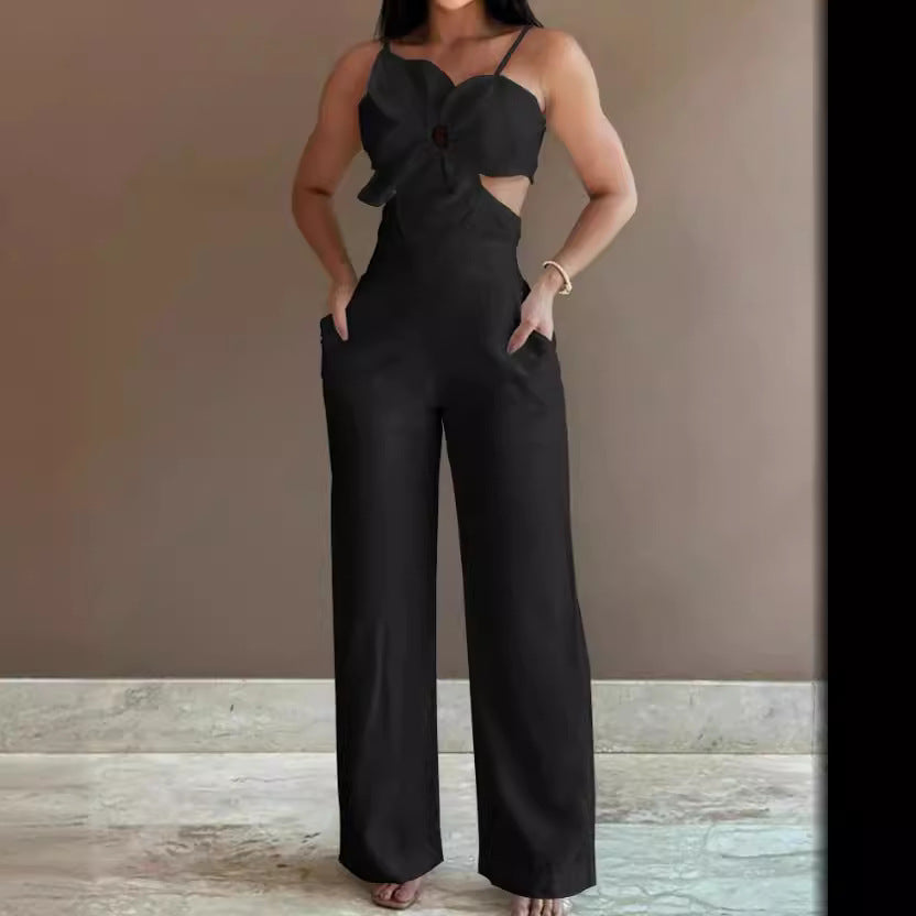 Women's Jumpsuit – Backless – Wide Legs – Thin Straps – Bow – Breathable Fabric