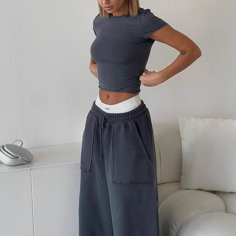 Pantalon de survêtement femme – Coupe large décontractée – Tissu doux respirant – Poches plaquées