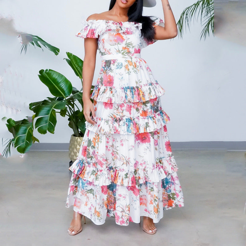 Women's Long Dress – Natural Fibers – Bare Shoulders – Layered Ruffles – Fluid Cut