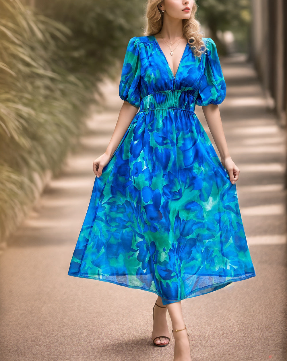 Women's midi dress – Fitted waist – V-neck – Puff sleeves – Breathable fabric – Printed