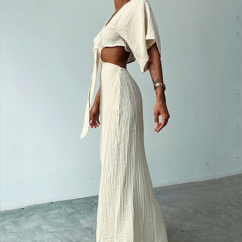 Women's long dress – Fitted cut – Open back – V-neck – Knotted detail – Breathable fabric