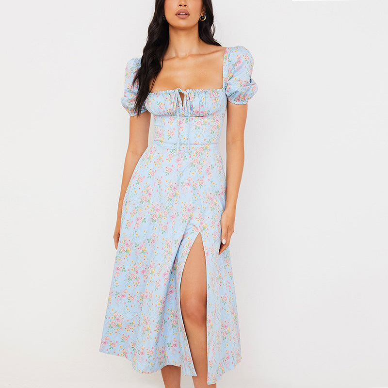 Robe midi femme – Coupe ajustée – Manches bouffantes – Encolure carrée – Fente élégante