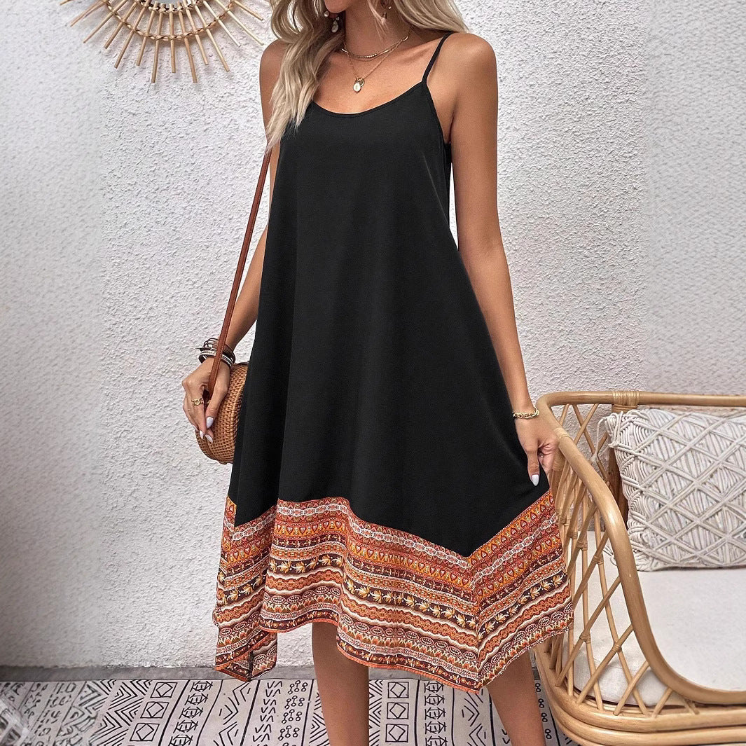 Robe femme – Coupe évasée fluide – Tissu coton – Bretelles fines – Détail bohème