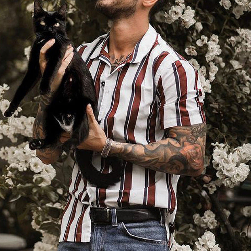 Men's Short Sleeve Cardigan – Slim Fit – Vertical Stripes – Lapel Collar – Breathable Fabric