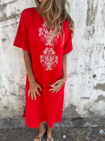 Women's midi dress – Natural fibers – Straight cut – Short sleeves – Front embroidery