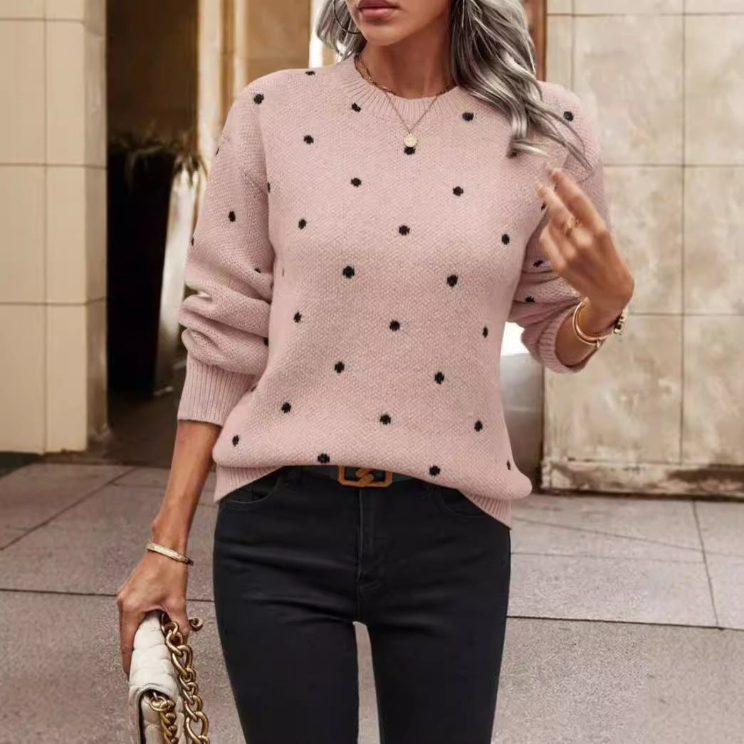 Pull femme – Coupe décontractée – Pois – Col rond – Manches longues