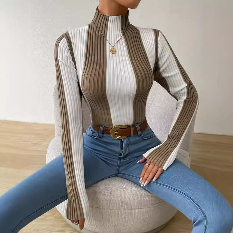 Haut femme – Coupe ajustée – Côtelé extensible – Col montant – Manches longues