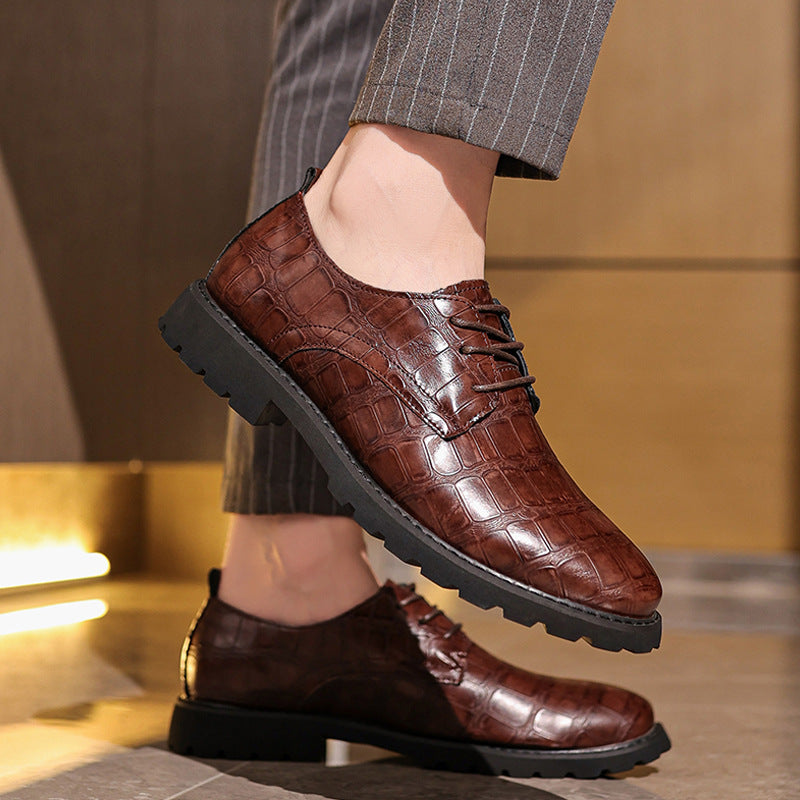 Men's dress shoes – Textured crocodile pattern leather – Laces – Elegant formal style