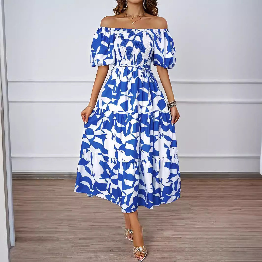 Women's midi dress – Bare shoulders – Puff sleeves – Flared flowing cut