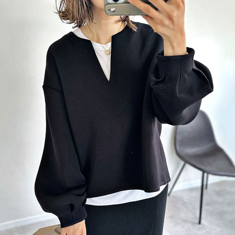Haut Manches Longues Femme – Coupe Oversize – Tissu Léger – Col V Moderne